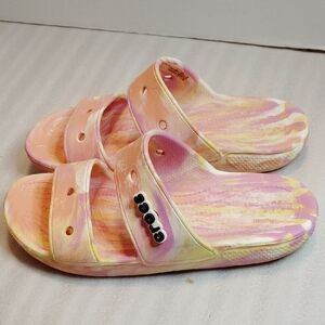 CROCS Pastel Pink and Yellow Slide Sandals M7 W9